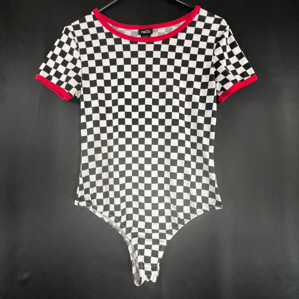 Rue21 Womens Checkered Bodysuit Black White Red Ringer Short Sleeve Medium